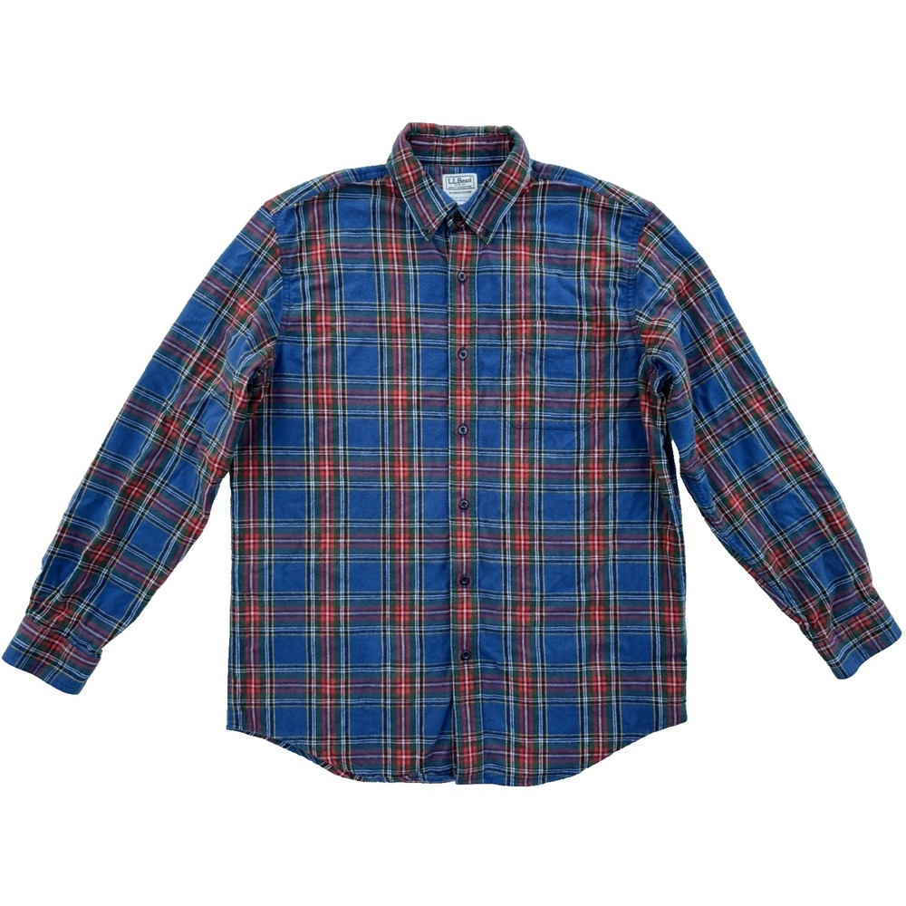 LL Bean Flannel Shirt Men's Plaid Cotton Slightly Fitted Button Down-Size L Blue